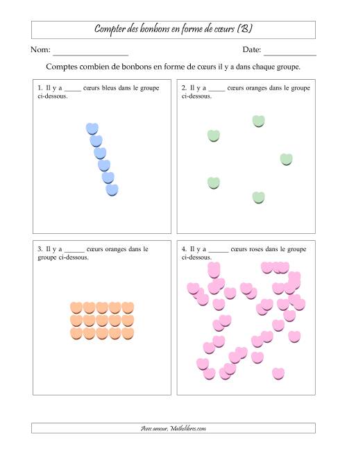 Compter des bonbons en forme de cœurs en dispositions variées (Version Difficile) (B)
