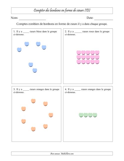 Compter des bonbons en forme de cœurs en dispositions variées (Version Facile) (D)