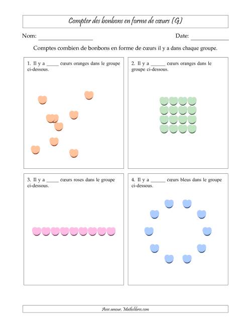 Compter des bonbons en forme de cœurs en dispositions variées (Version Facile) (G)