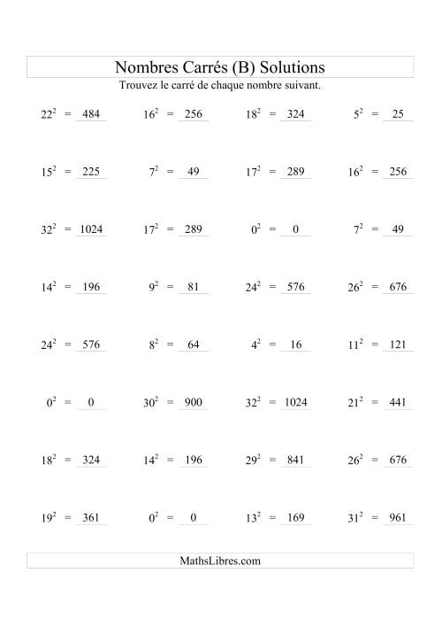 Nombres carrés jusqu'à 32 au carré (B) page 2