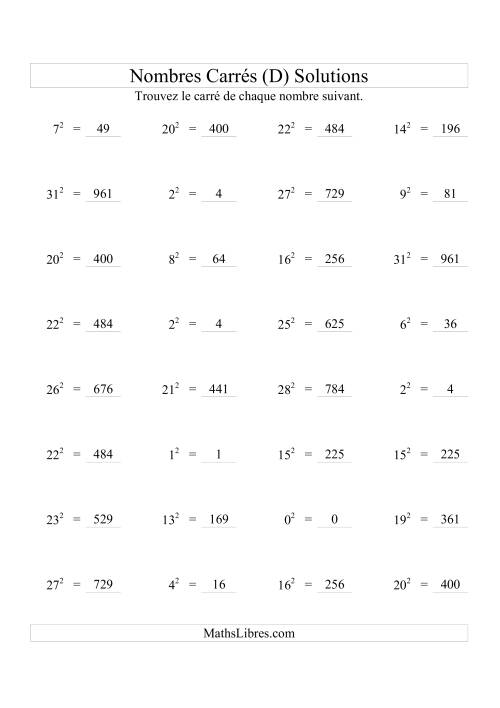 Nombres carrés jusqu'à 32 au carré (D) page 2