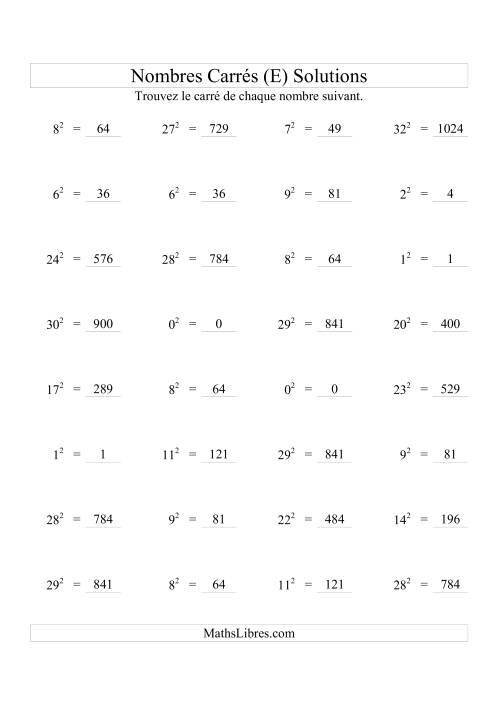 Nombres carrés jusqu'à 32 au carré (E) page 2
