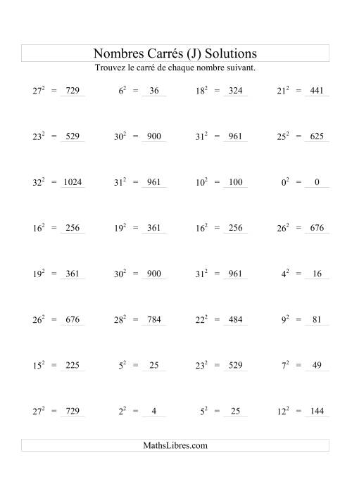 Nombres carrés jusqu'à 32 au carré (J) page 2