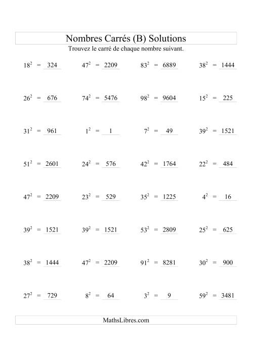 Nombres carrés jusqu'à 99 au carré (B) page 2