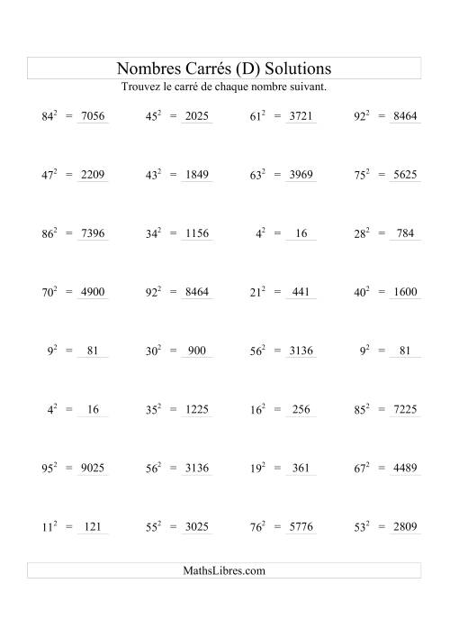 Nombres carrés jusqu'à 99 au carré (D) page 2