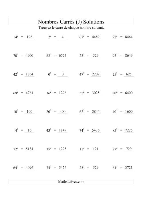 Nombres carrés jusqu'à 99 au carré (J) page 2