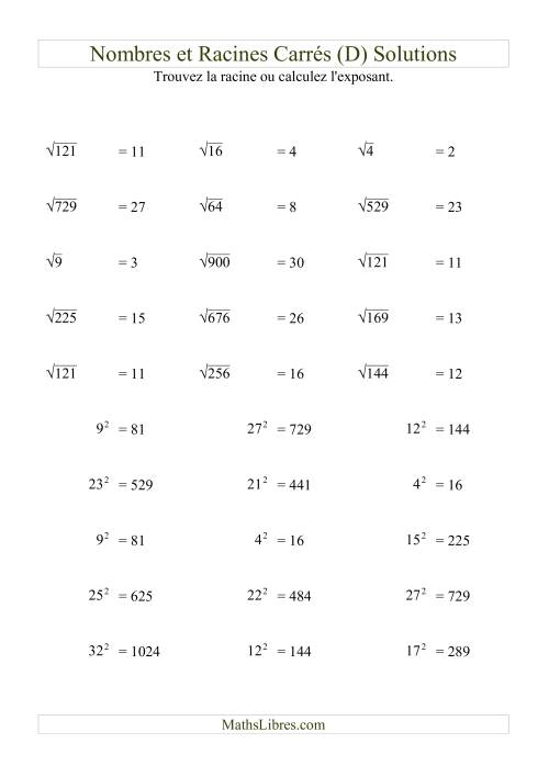 Nombres et racines carrés jusqu'à 32 au carré (D) page 2