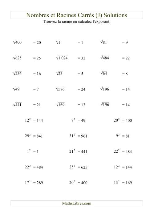 Nombres et racines carrés jusqu'à 32 au carré (J) page 2