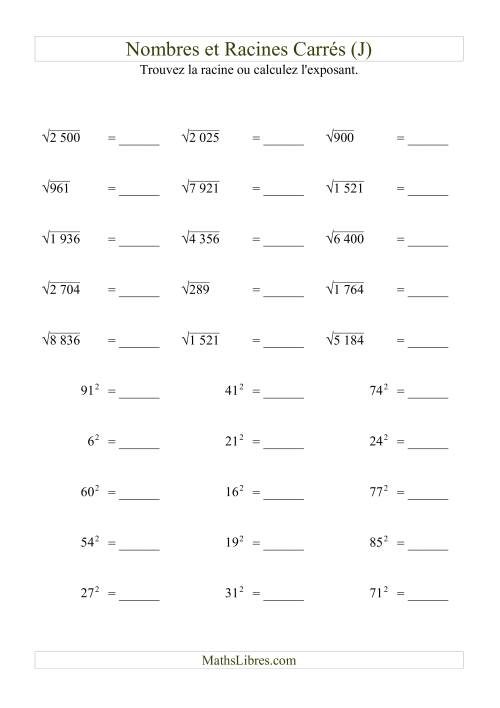 Nombres et racines carrés jusqu'à 99 au carré (J)