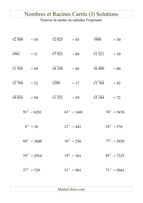 Nombres et racines carrés jusqu'à 99 au carré (J) page 2