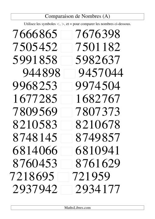 Comparaisons des chiffres jusqu'à 10 000 000 rapprochés (version SI) (Gros Caractères)