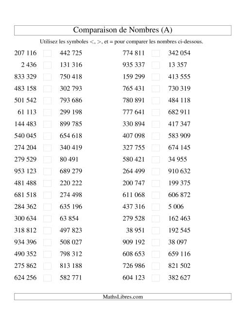 Comparaisons des chiffres jusqu'à 1 000 000 (version SI) (A)