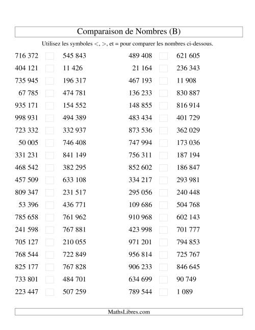 Comparaisons des chiffres jusqu'à 1 000 000 (version SI) (B)