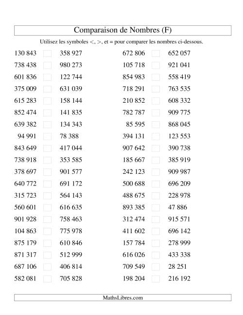 Comparaisons des chiffres jusqu'à 1 000 000 (version SI) (F)