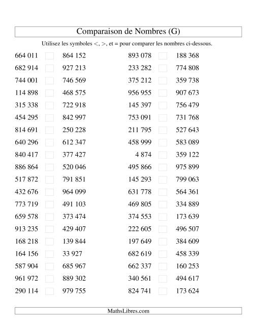 Comparaisons des chiffres jusqu'à 1 000 000 (version SI) (G)