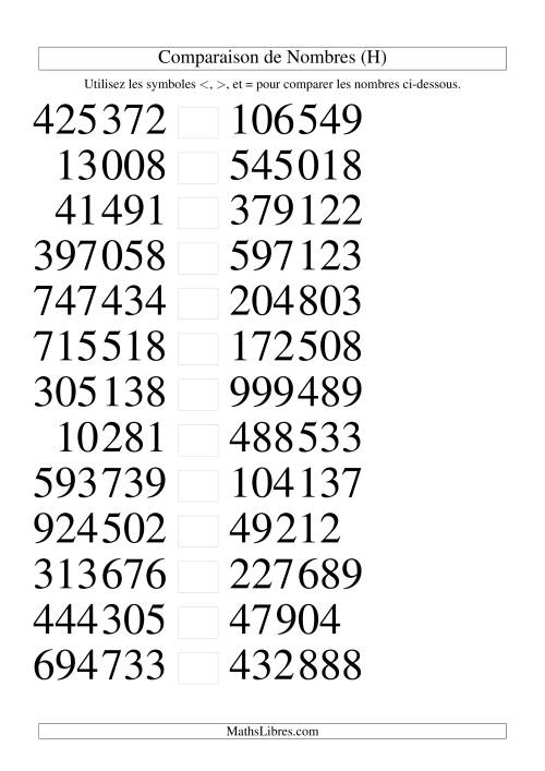 Comparaisons des chiffres jusqu'à 1 000 000 (version SI) (H)