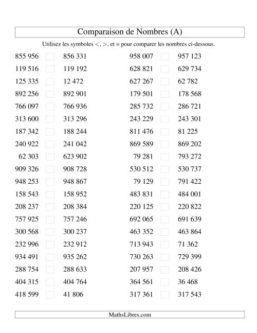 Comparaisons des chiffres jusqu'à 1 000 000 rapprochés (version SI) (A)