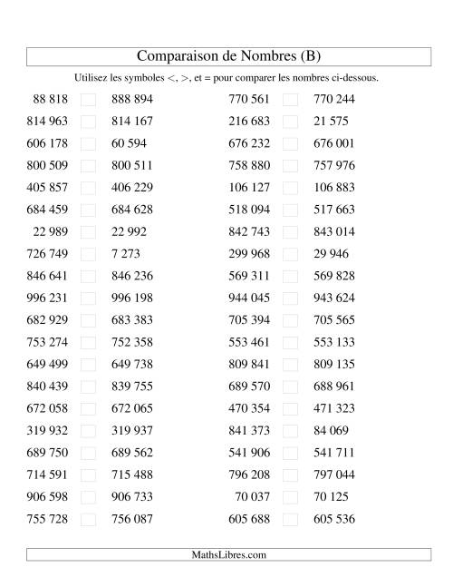Comparaisons des chiffres jusqu'à 1 000 000 rapprochés (version SI) (B)