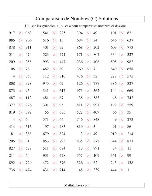 Comparaisons des chiffres jusqu'à 1000 (C) page 2