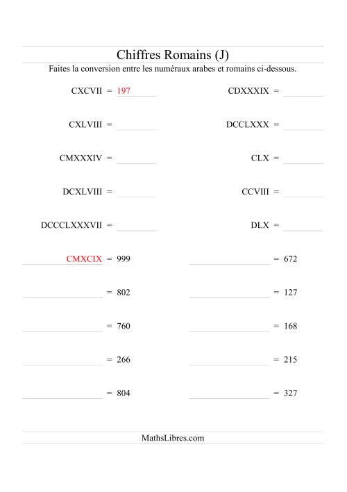 Conversion de chiffres romains jusqu'à 1000 (format standard) (J)