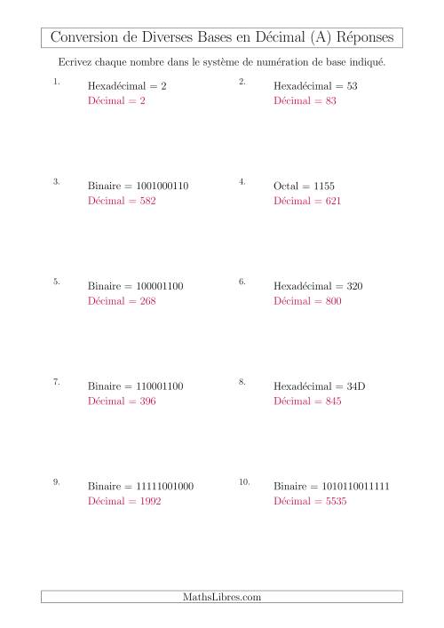 Conversion de Divers Systèmes de Numération de Base en Nombres Décimaux (A) page 2