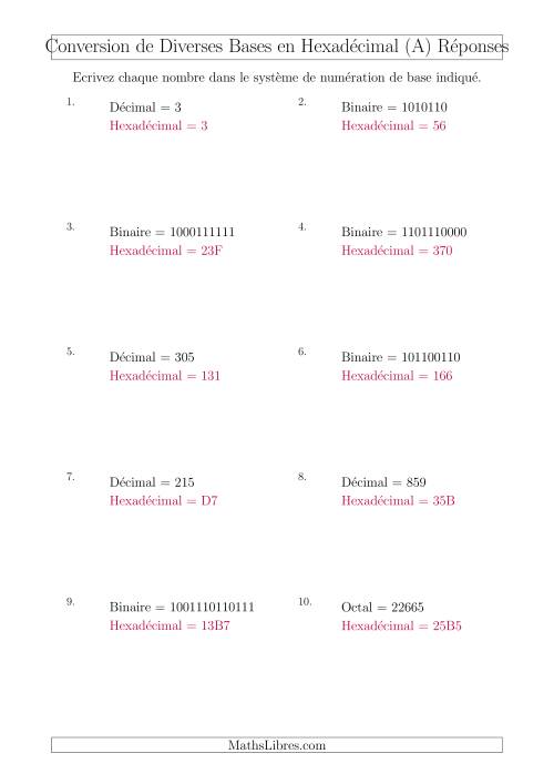 Conversion de Divers Systèmes de Numération de Base en Nombres Hexadécimaux (A) page 2