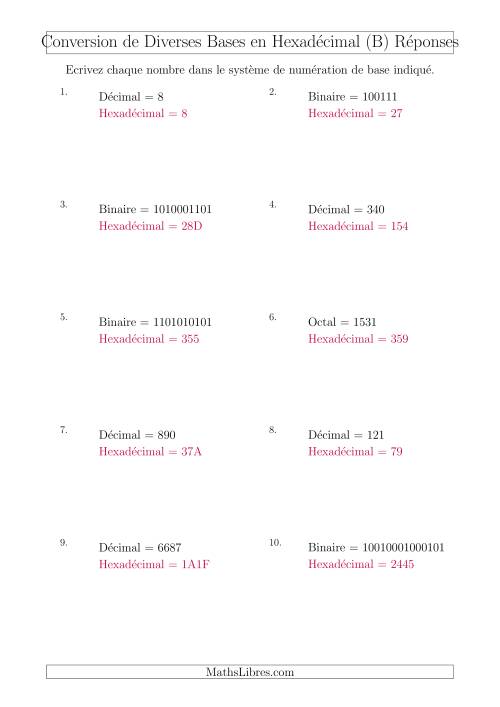 Conversion de Divers Systèmes de Numération de Base en Nombres Hexadécimaux (B) page 2