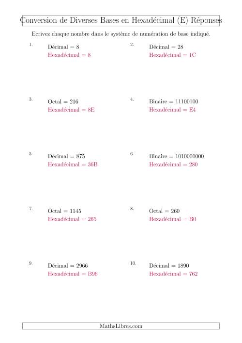 Conversion de Divers Systèmes de Numération de Base en Nombres Hexadécimaux (E) page 2