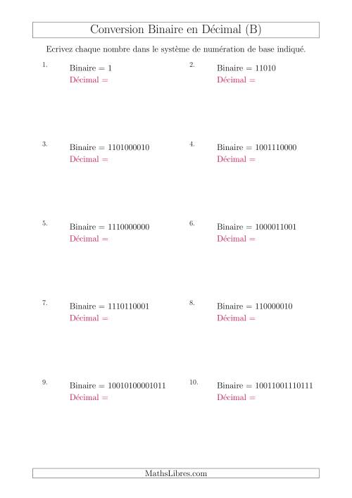 Conversion de Nombres Binaires en Nombres Décimaux (B)
