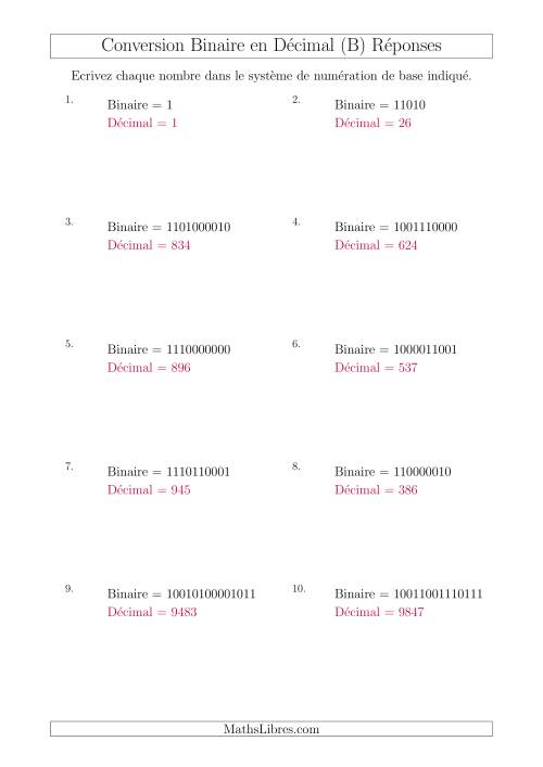 Conversion de Nombres Binaires en Nombres Décimaux (B) page 2
