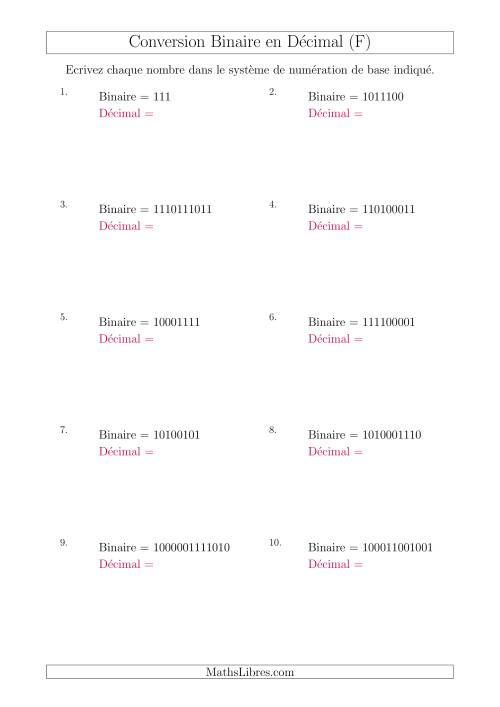 Conversion de Nombres Binaires en Nombres Décimaux (F)