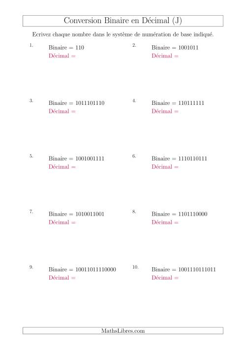 Conversion de Nombres Binaires en Nombres Décimaux (J)