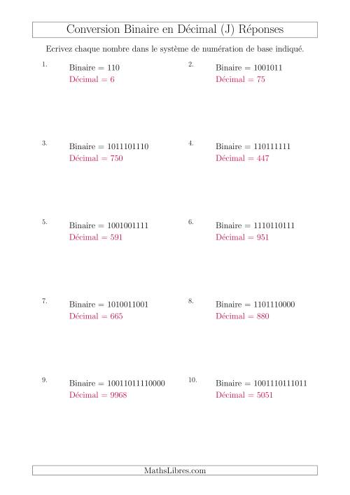 Conversion de Nombres Binaires en Nombres Décimaux (J) page 2