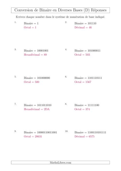 Conversion de Nombres Binaires en Divers Systèmes de Numération de Base (D) page 2