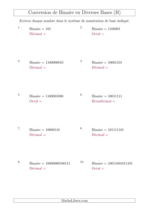 Conversion de Nombres Binaires en Divers Systèmes de Numération de Base (H)