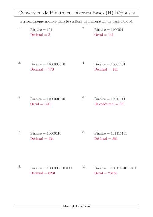 Conversion de Nombres Binaires en Divers Systèmes de Numération de Base (H) page 2