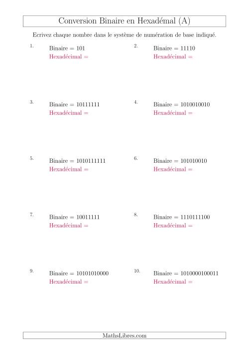Conversion de Nombres Binaires en Nombres Hexadécimaux (A)