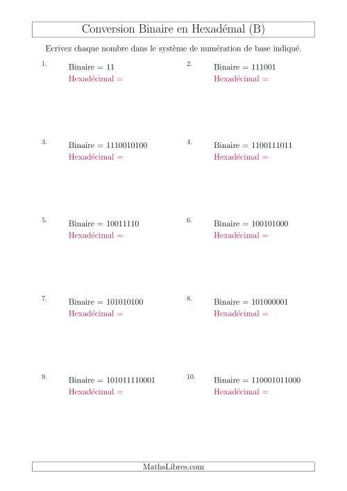 Conversion de Nombres Binaires en Nombres Hexadécimaux (B)