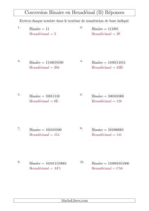 Conversion de Nombres Binaires en Nombres Hexadécimaux (B) page 2