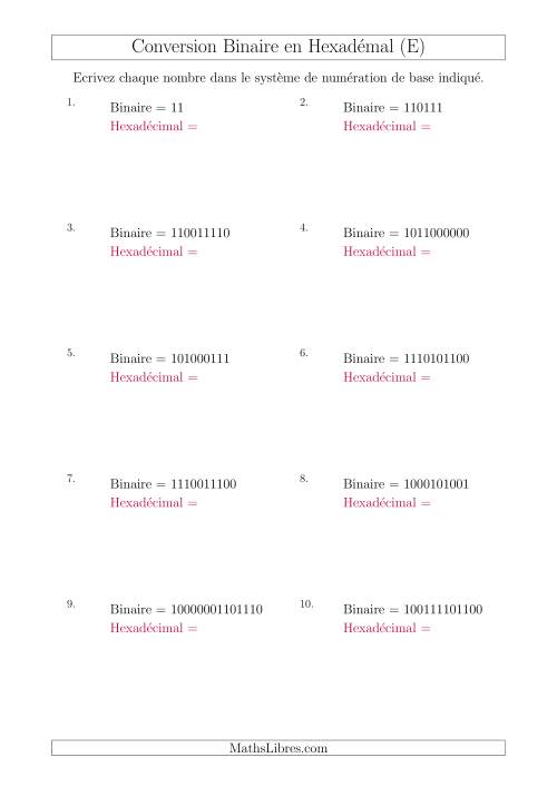Conversion de Nombres Binaires en Nombres Hexadécimaux (E)