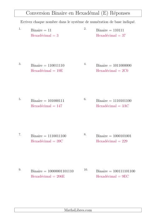 Conversion de Nombres Binaires en Nombres Hexadécimaux (E) page 2