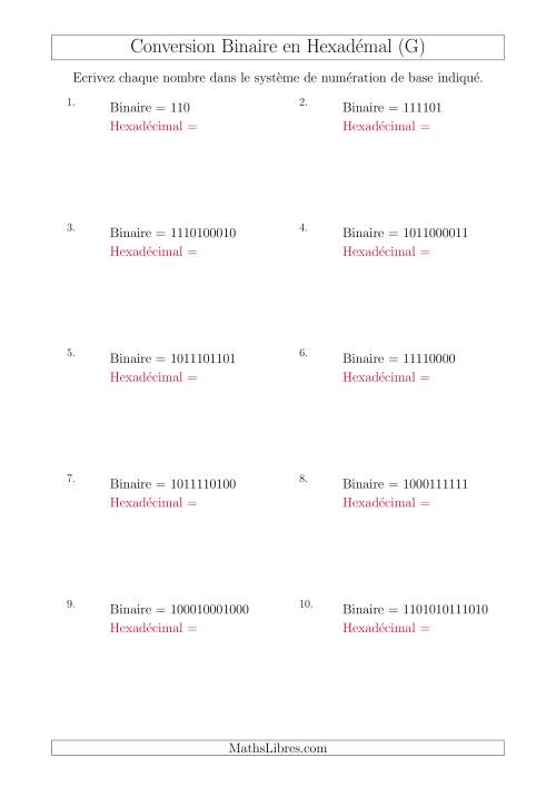 Conversion de Nombres Binaires en Nombres Hexadécimaux (G)