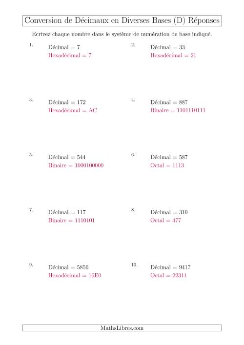 Conversion de Nombres Décimaux en Divers Systèmes de Numération de Base (D) page 2
