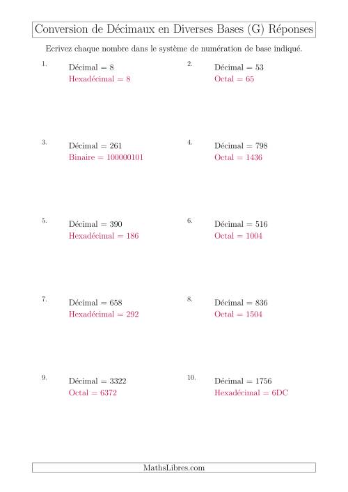 Conversion de Nombres Décimaux en Divers Systèmes de Numération de Base (G) page 2