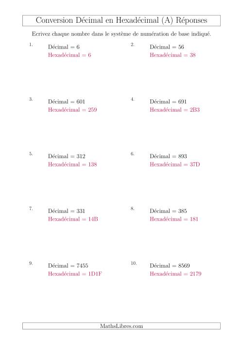 Conversion de Nombres Décimaux en Nombres Hexadécimaux (A) page 2