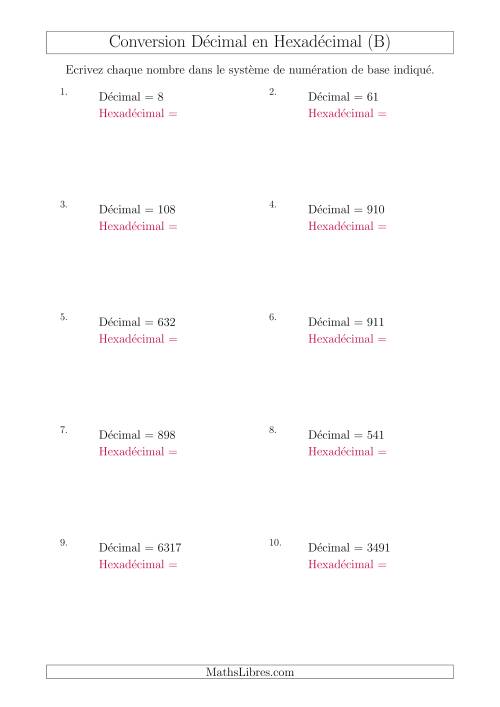 Conversion de Nombres Décimaux en Nombres Hexadécimaux (B)