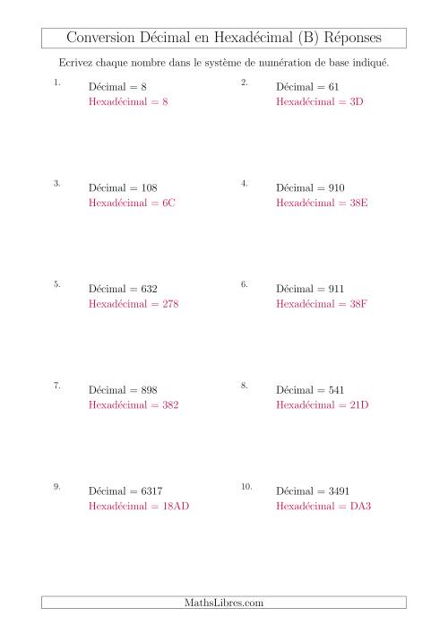 Conversion de Nombres Décimaux en Nombres Hexadécimaux (B) page 2