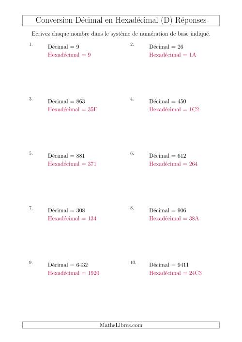 Conversion de Nombres Décimaux en Nombres Hexadécimaux (D) page 2