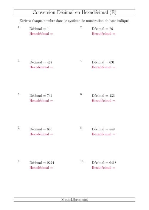 Conversion de Nombres Décimaux en Nombres Hexadécimaux (E)