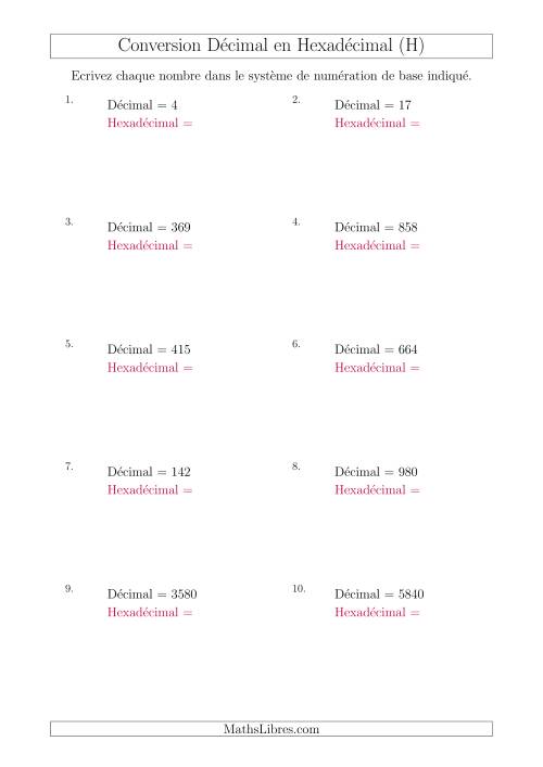 Conversion de Nombres Décimaux en Nombres Hexadécimaux (H)